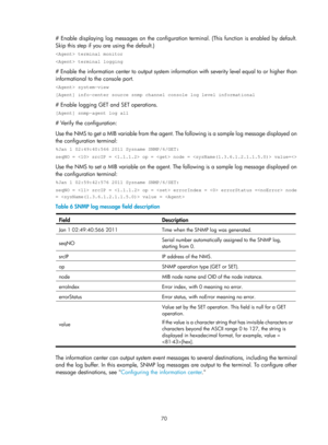 Page 2371 70 
# Enable displaying log messages on the configuration terminal. (This function is enabled by default. 
Skip this step if you are using the default.)  
 terminal monitor 
 terminal logging 
# Enable the information center to output system info rmation with severity level equal to or higher than 
informational to the console port. 
 system-view 
[Agent] info-center source snmp channel console log level informational \
# Enable logging GET and SET operations. 
[Agent] snmp-agent log all 
# Verify the...