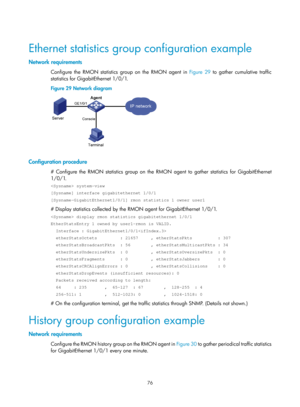 Page 2377 76 
 
Ethernet statistics group configuration example 
Network requirements 
Configure the RMON statistics group on the RMON agent in Figure 29  to gather cumulative traffic 
statistics for GigabitEthernet 1/0/1. 
Figure 29  Network diagram 
 
 
Configuration procedure 
# Configure the RMON statistics group on the RMON agent to gather statistics for GigabitEthernet 
1/0/1. 
 system-view 
[Sysname] interface gigabitethernet 1/0/1 
[Sysname-GigabitEthernet1/0/1] rmon statistics 1 owner user1 
# Display...