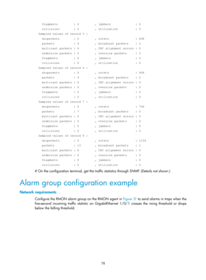 Page 2379 78 
    fragments         : 0         , jabbers              : 0 
    collisions        : 0         , utilization          : 0 
  Sampled values of record 5 : 
    dropevents        : 0         , octets               : 898 
    packets           : 9         , broadcast packets    : 2 
    multicast packets : 6         , CRC alignment errors : 0 
    undersize packets : 0         , oversize packets     : 0 
    fragments         : 0         , jabbers              : 0 
    collisions        : 0         ,...