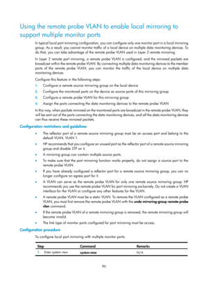 Page 2387 86 
Using the remote probe VLAN to enable local mirroring to 
support multiple monitor ports 
In typical local port mirroring configuration, you can configure only one monitor port in a local mirroring 
group. As a result, you cannot monitor traffic of a local device on multiple data monitoring devices. To 
do that, you can take advantage of the remote probe VLAN used in Layer 2 remote mirroring.  
In Layer 2 remote port mirroring, a remote probe VLAN is configured, and the mirrored packets are...