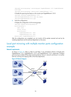Page 2394 93 
[DeviceA] mirroring-group 1 mirroring-port GigabitEthernet 1/0/1 Gigabit\
Ethernet 
1/0/2 both 
[DeviceA] mirroring-group 1 monitor-port GigabitEthernet 1/0/3 
# Disable the spanning tree feature on the monitor port GigabitEthernet 1/0/3. 
[DeviceA] interface GigabitEthernet 1/0/3 
[DeviceA-GigabitEthernet1/0/3] undo stp enable 
[DeviceA-GigabitEthernet1/0/3] quit 
2. Verify the configurations: 
# Display the configuration of all mirroring groups. 
[DeviceA] display mirroring-group all...