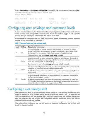 Page 2513 
# Use | include Vlan in the display ip routing-table command to filter in route entries that contain  Vlan. 
 display ip routing-table | include Vlan 
Routing Tables: Public 
 
Destination/Mask    Proto  Pre  Cost         NextHop         Interface 
 
192.168.1.0/24      Direct 0    0            192.168.1.42    Vlan999 
Configuring user privilege and command levels 
To avoid unauthorized access, the device defines  the user privilege levels and command levels in Tabl e  
7
. User privilege levels...