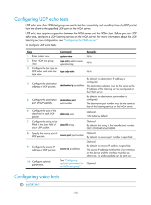 Page 2417 116 
Configuring UDP echo tests 
UDP echo tests of an NQA test group are used to test the connectivity and round-trip time of a UDP packet 
from the client to the specified UDP port on the NQA server. 
UDP echo tests require cooperation between the NQA server and the NQA client. Before you start UDP 
echo tests, configure a UDP listening service on the NQA server. For more information about the UDP 
listening service configuration, see  Configuring the NQA server. 
T

o configure UDP echo tests: 
 
Step...