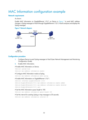 Page 243 32 
MAC Information configuration example 
Network requirements 
As shown: 
Enable MAC Information on GigabitEthernet 1/0/1 on Device in  Figure 7 
to send MAC address 
changes in Syslog messages to Host B through GigabitEthernet 1/0/3. Host B analyzes and displays the 
Syslog messages.  
Figure 7  Network diagram 
 
 
Configuration procedure 
1. Configure Device to send Syslog messages to Host B (see  Network Management and Monitoring 
Configuration Guide ). 
2. Enable MAC Information.  
# Enable MAC...