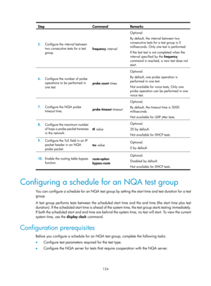 Page 2425 124 
Step Command Remarks 
5.  Configure the interval between 
two consecutive tests for a test 
group.  frequency
 interval  Optional. 
By default, the interval between two 
consecutive tests for a test group is 0 
milliseconds. Only one test is performed. 
If the last test is not completed when the 
interval specified by the
 frequency 
command is reached, a new test does not 
start. 
6.   Configure the number of probe 
operations to be performed in 
one test.  probe count times
 Optional. 
By...