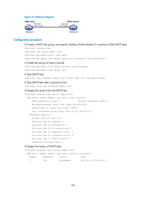 Page 2429 128 
Figure 41  Network diagram 
 
 
Configuration procedure 
# Create a DHCP test group, and specify interfac e VLAN-interface 2 to perform NQA DHCP tests. 
 system-view 
[DeviceA] nqa entry admin test 
[DeviceA-nqa-admin-test] type dhcp 
[DeviceA-nqa-admin-test-dhcp] operation interface vlan-interface 2 
# Enable the saving of history records. 
[DeviceA-nqa-admin-test-dhcp] history-record enable 
[DeviceA-nqa-admin-test-dhcp] quit 
# Start DHCP tests. 
[DeviceA] nqa schedule admin test start-time now...