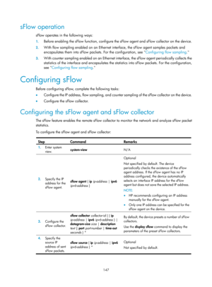 Page 2448 147 
sFlow operation 
sFlow operates in the following ways: 
1. Before enabling the sFlow function, configure the sFlow agent and sFlow collector on the device.  
2. With flow sampling enabled on an Ethernet  interface, the sFlow agent samples packets and 
encapsulates them into sFlow packe ts. For the configuration, see Configuring flow sampling. 
3. With counter sampling enabled on an Ethernet inte rface, the sFlow agent periodically collects the 
statistics of the interface and encapsulates the...