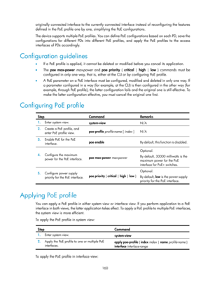 Page 2461 160 
originally connected interface to the currently connected interface instead of reconfiguring the features 
defined in the PoE profile one by one, simplifying the PoE configurations. 
The device supports multiple PoE profiles. You can define PoE configurations based on each PD, save the 
configurations for different PDs into different PoE profiles, and apply the PoE profiles to the access 
interfaces of PDs accordingly. 
Configuration guidelines 
•  If a PoE profile is applied, it cannot be delete d...