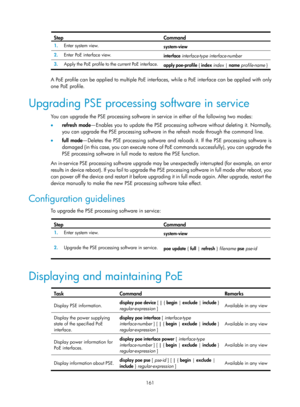 Page 2462 161 
Step Command 
1.  Enter system view. 
system-view 
2.  Enter PoE interface view. 
interface interface-type interface-number  
3.  Apply the PoE profile to the current PoE interface. apply poe-profile  { index  index  |  name  profile-name  } 
 
A PoE profile can be applied to multiple PoE interfaces, while a PoE interface can be applied with only 
one PoE profile. 
Upgrading PSE processing software in service 
You can upgrade the PSE processing software in service in either of the following two...