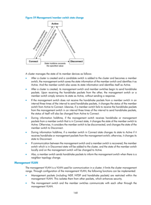 Page 2469 
168 
Figure 59 Management/member switch state change 
 
 
A cluster manages the state of its member devices as follows: 
•  After a cluster is created and a candidate switch  is added to the cluster and becomes a member 
switch, the management switch saves the state information of the member switch and identifies it as 
Active. And the member switch also saves its stat e information and identifies itself as Active. 
•   After a cluster is created, its management switch  and member switches begin to...