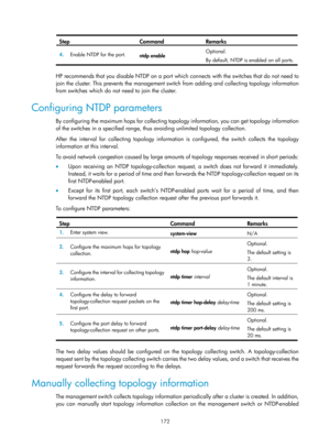 Page 2473 
172 
Step Command Remarks 
4.  Enable NTDP for the port. 
ntdp enable Optional. 
By default, NTDP is enabled on all ports. 
 
HP recommends that you disable NTDP on a port which connects with the switches that do not need to 
join the cluster. This prevents the management sw
itch from adding and collecting topology information 
from switches which do not need to join the cluster. 
Configuring NTDP parameters 
By configuring the maximum hops for collecting topo logy information, you can get topology...