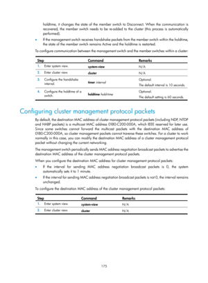 Page 2476 
175 
holdtime, it changes the state of the member switch to Disconnect. When the communication is 
recovered, the member switch needs to be re-added to the cluster (this process is automatically 
performed). 
•   If the management switch receives handshake packe ts from the member switch within the holdtime, 
the state of the member switch remains Active and the holdtime is restarted. 
To configure communication between the management sw itch and the member switches within a cluster: 
 
Step Command...