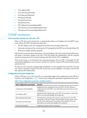 Page 2489 188 
•  ACS address (URL) 
•   ACS username (Username) 
•   ACS password (Password) 
•   Pe rio d ic I n fo rm E n a b l e  
•   PeriodicInformInterval 
•   Pe rio d ic I n fo rm T i m e  
•   CPE address (ConnectionRequestURL) 
•   CPE username (ConnectionRequestUsername) 
•   CPE password (ConnectionRequestPassword) 
CWMP mechanism 
Auto-connection between the ACS and a CPE 
When a CPE starts up for the first time, it automatically obtains an IP address from the DHCP server, 
which informs the CPE of...