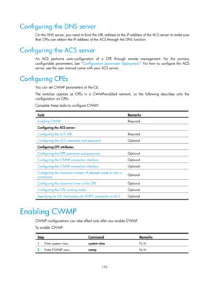 Page 2493 192 
Configuring the DNS server 
On the DNS server, you need to bind the URL address to the IP address of the ACS server to make sure 
that CPEs can obtain the IP address of the ACS through the DNS function. 
Configuring the ACS server 
An ACS performs auto-configuration of a CPE through remote management. For the primary 
configurable parameters, see Configuration parameter deployment . F
 or how to configure the ACS 
server, see the user manual came with your ACS server. 
Configuring CPEs 
You can set...