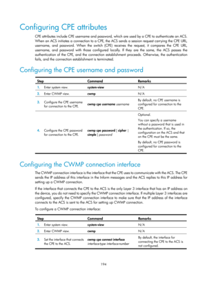 Page 2495 194 
Configuring CPE attributes 
CPE attributes include CPE username and password, which are used by a CPE to authenticate an ACS. 
When an ACS initiates a connection to a CPE, the ACS sends a session request carrying the CPE URL, 
username, and password. When the switch (CPE) receives the request, it compares the CPE URL, 
username, and password with those configured locally. If they are the same, the ACS passes the 
authentication of the CPE, and the connection establishment proceeds. Otherwise, the...