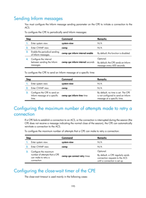 Page 2496 195 
Sending Inform messages 
You must configure the Inform message sending parameter on the CPE to initiate a connection to the 
ACS. 
To configure the CPE to periodically send Inform messages: 
 
Step Command Remarks 
1.  Enter system view. 
system-view  N/A 
2.  Enter CWMP view.  cwmp  N/A 
3.  Enable the periodical sending 
of Inform messages.  cwmp cpe inform interval enable 
By default, this function is disabled. 
4.  Configure the interval 
between sending the Inform 
messages.  cwmp cpe inform...