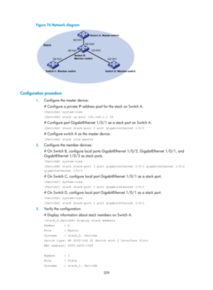 Page 2510 209 
Figure 76 Network diagram 
 
 
Configuration procedure 
1. Configure the master device: 
# Configure a private IP address pool for the stack on Switch A. 
 system-view 
[SwitchA] stack ip-pool 192.168.1.1 24 
# Configure port GigabitEthernet 1/0/1 as a stack port on Switch A. 
[SwitchA] stack stack-port 1 port gigabitethernet 1/0/1 
# Configure switch A as the master device. 
[SwitchA] stack role master 
2. Configure the member devices: 
# On Switch B, configure local ports Gigabi tEthernet 1/0/2,...