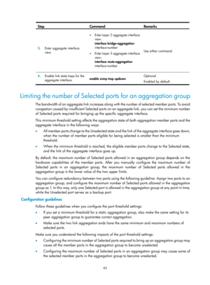 Page 256 45 
Step Command  Remarks 
3.  Enter aggregate interface 
view.  
• Enter Layer 2 aggregate interface 
view: 
interface bridge-aggregation 
interface-number  
• Enter Layer 3 aggregate interface 
view: 
interface route-aggregation 
interface-number   Use either command. 
4.
  Enable link state traps for the 
aggregate interface.  enable snmp trap updown  Optional 
Enabled by default.
 
 
Limiting the number of Selected  ports for an aggregation group 
The bandwidth of an aggregate link increases along...