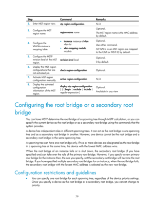 Page 290 79 
Step Command Remarks 
2.  Enter MST region view.  
stp region-configuration  N/A 
3.  Configure the MST 
region name.   region-name
 name   Optional. 
The MST region name is the MAC address 
by default.
 
4.  Configure the 
VLAN-to-instance 
mapping table.  • instance  instance-id  vlan  
vlan-list  
• vlan-mapping modulo  
modulo   Optional. 
Use either command. 
All VLANs in an MST region are mapped 
to the CIST (or MSTI 0) by default.
 
5.  Configure the MSTP 
revision level of the MST 
region....