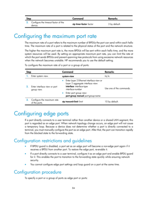 Page 295 84 
Step Command Remarks 
2.  Configure the timeout factor of the 
device.   stp timer-factor 
factor  3 by default.
 
 
Configuring the maximum port rate 
Th e  m a xi mu m  ra t e  o f  a  p o r t  re fe r s  t o  t h e  m a xi m u m  nu m b e r  o f  B PD Us  t h e  p o r t  c a n  s e n d  wi t h i n  e a ch  h e l l o  
time. The maximum rate of a port is related to the ph ysical status of the port and the network structure. 
The higher the maximum port rate is, the more BPDUs  will be sent within...