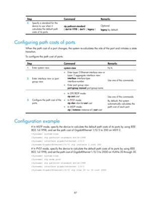 Page 298 87 
Step Command Remarks 
2.  Specify a standard for the 
device to use when it 
calculates the default path 
costs of its ports.  stp pathcost-standard
 
{  dot1d-1998  | dot1t  | legacy  }  Optional. 
legacy by default.
 
 
Configuring path costs of ports 
When the path cost of a port changes, the system re-c alculates the role of the port and initiates a state 
transition.  
To configure the path cost of ports: 
 
Step Command Remarks 
1.   Enter system view. 
system-view  N/A 
2.  Enter interface...