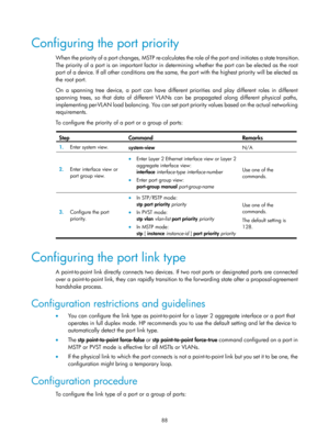 Page 299 88 
Configuring the port priority 
When the priority of a port changes, MSTP re-calculates the role of the port and initiates a state transition. 
The priority of a port is an important factor in de termining whether the port can be elected as the root 
port of a device. If all other conditions are the same, the port with the highest priority will be elected as 
the root port. 
On a spanning tree device, a port can have different priorities and play different roles in different 
spanning trees, so that...