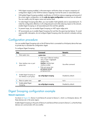 Page 304 93 
•  With digest snooping enabled, in-the-same-region verification does not require comparison of 
configuration digest, so the VLAN-to-instance mapp ings must be the same on associated ports.  
•   W i t h  g l o b a l  D i g e s t  S n o o p i n g  e n a b l e d ,  m o d i f i c a t i on of VLAN-to-instance mappings and removal of 
the current region configuration via the  undo stp region-configuration command are not allowed. 
You can modify only the region name and revision level. 
•   To make...