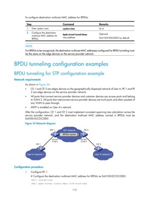 Page 324 113 
To configure destination multicast MAC address for BPDUs:  
Step Command Remarks 
1.  Enter system view. 
system-view  N/A 
2.  Configure the destination 
multicast MAC address for 
BPDUs.  bpdu-tunnel tunnel-dmac 
mac-address  
Optional. 
0x010F-E200-0003 by default. 
 
 
NOTE: 
For BPDUs to be recognized, the destination mult icast MAC addresses configured for BPDU tunnelin
g must
be the same on the edge devices  on the service provider network.  
BPDU tunneling configuration examples 
BPDU...