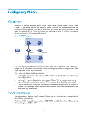 Page 327 116 
Configuring VLANs 
Overview 
Ethernet is a network technology based on the Carrier Sense Multiple Access/Collision Detect 
(CSMA/CD) mechanism. Because the medium is shared, collisions and excessive broadcasts are 
common on Ethernet networks. To address the issue,  virtual LAN (VLAN) was introduced to break a LAN 
down into separate VLANs. VLANs ar e isolated from each other at Layer 2. A VLAN is a bridging 
domain, and contains all broadcast traffic within it. 
Figure 36  A VLAN diagram 
 
 
A...