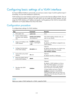 Page 330 119 
Configuring basic settings of a VLAN interface 
For hosts of different VL ANs to communicate, you must use a router or Layer 3 switch to perform Layer 3 
forwarding. You use VLAN interfaces to achieve this.  
VLAN interfaces are virtual interfaces used for Layer 3 communication between different VLANs. They do 
not exist as physical entities on devices. For each VLAN, you can create one VLAN interface. You can 
assign the VLAN interface an IP address and specify it as the gateway of the VLAN to...