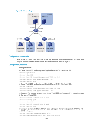 Page 347 136 
Figure 43 Network diagram 
 
 
Configuration consideration 
Create VLANs 100 and 200. Associate VLAN 100 with IPv4, and associate VLAN 200 with IPv6. 
Configure protocol-based VLANs to isolate IPv4 traffic and IPv6 traffic at Layer 2. 
Configuration procedure 
1. Configure Device: 
# Create VLAN 100, and assign port GigabitEthernet 1/0/11 to VLAN 100. 
 system-view 
[Device] vlan 100 
[Device-vlan100] description protocol VLAN for IPv4 
[Device-vlan100] port gigabitethernet 1/0/11 
[Device-vlan100]...