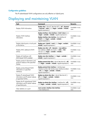 Page 352 141 
Configuration guidelines 
The IP subnet-based VLAN configurations are only effective on hybrid ports. 
Displaying and maintaining VLAN 
 
Task Command Remarks 
Display VLAN information. display
 vlan  [ vlan-id1  [ to vlan-id2  ] | all | dynamic 
|  reserved  | static  ] [ | { begin  | exclude  | include  } 
regular-expression  ]   Available in any 
view 
Display VLAN interface 
information.  display interface
 [ vlan-interface ] [ brief  [ down ] ] [ | 
{  begin |  exclude | include  }...