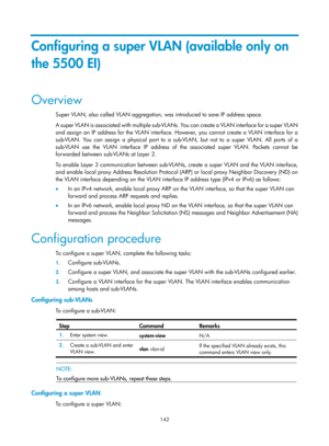 Page 353 142 
Configuring a super VLAN (available only on 
the 5500 EI) 
Overview 
Super VLAN, also called VLAN aggregation, was introduced to save IP address space.  
A super VLAN is associated with multiple sub-VLANs. You can create a VLAN interface for a super VLAN 
and assign an IP address for the VLAN interface. However, you cannot create a VLAN interface for a 
sub-VLAN. You can assign a physical port to a sub-VLAN, but not to a super VLAN. All ports of a 
sub-VLAN use the VLAN interface IP address of the...