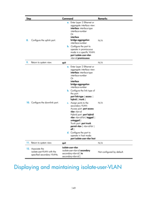 Page 360 149 
Step Command Remarks 
8.  Configure the uplink port.  a.
 Enter Layer 2 Ethernet or 
aggregate interface view:
 
interface  interface-type 
interface-number 
Or  
interface 
bridge-aggregation 
interface-number 
b.  Con figure the port to 
operate in promiscuous 
mode in a specific VLAN:
 
port isolate-user-vlan  
vlan-id  promiscuous  N/A 
9.
  Return to system view. 
quit  N/A 
10. Configure the downlink port.  a.
 Enter Layer 2 Ethernet or 
aggregate interface view:
 
interface  interface-type...
