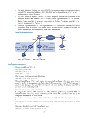 Page 371 160 
•  The MAC address of IP phone A is 001 1-1100-0001. The phone connects to a downstream device 
named PC A whose MAC address is 0022-1 100-0002 and to GigabitEthernet 1/0/1 on an 
upstream device named Device A. 
•   The MAC address of IP phone B is 001 1-2200-0001. The phone connects to a downstream device 
named PC B whose MAC address is 0022-2200-0002 and to GigabitEthernet 1/0/2 on Device A. 
•   Device A uses voice VLAN 2 to transmit voice packets for IP phone A and uses voice VLAN 3 to...