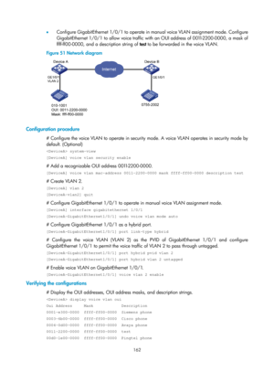 Page 373 162 
•  Configure GigabitEthernet 1/0/1 to operate in manual voice VLAN assignment mode. Configure 
GigabitEthernet 1/0/1 to allow voice traffic with an OUI address of 001 1-2200-0000, a mask of 
ffff-ff00-0000, and a description string of test  to be forwarded in the voice VLAN. 
Figure 51  Network diagram 
 
 
Configuration procedure 
# Configure the voice VLAN to operate in security mode. A voice VLAN operates in security mode by 
default. (Optional) 
 system-view 
[DeviceA] voice vlan security...