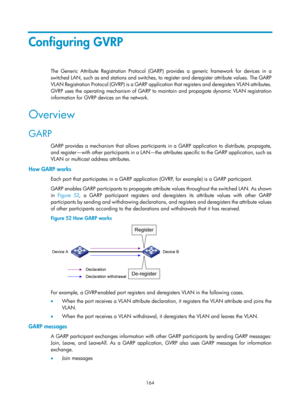 Page 375 164 
Configuring GVRP 
The Generic Attribute Registration Protocol (GARP) provides a generic framework for devices in a 
switched LAN, such as end stations and switches, to register and deregister attribute values. The GARP 
VLAN Registration Protocol (GVRP) is a GARP application that registers and deregisters VLAN attributes. 
GVRP uses the operating mechanism of GARP to ma intain and propagate dynamic VLAN registration 
information for GVRP devices on the network.  
Overview 
GARP 
GARP provides a...