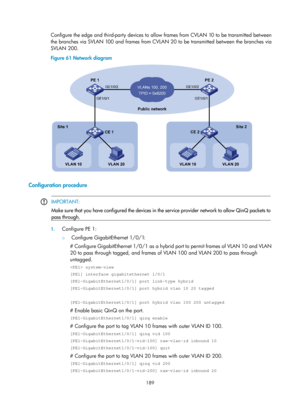 Page 400 189 
Configure the edge and third-party devices to allow  frames from CVLAN 10 to be transmitted between 
the branches via SVLAN 100 and frames from CVLAN 20 to be transmitted between the branches via 
SVLAN 200. 
Figure 61  Network diagram 
 
 
Configuration procedure 
 
 IMPORTANT: 
Make sure that you have configured the devices in the service provider network to allow QinQ packets to
pass through. 
 
1.
 Configure PE 1: 
{  Configure GigabitEthernet 1/0/1:  
# Configure GigabitEthernet 1/0/1 as a...