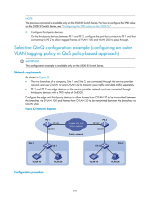Page 402 191 
  NOTE: 
The previous command is available only on  the 5500 EI Switch Series. For how to confi
gure the TPID value
on the 5500 SI Switch Series, see  Configuring the TPID value on the 5500 SI .
   
3. Configure third-party devices: 
On the third-party devices between PE 1 and PE 2, configure the port that connects to PE 1 and that 
connecting to PE 2 to allow tagged frames  of VLAN 100 and VLAN 200 to pass through. 
Selective QinQ configuration example (configuring an outer 
VLAN tagging policy in...