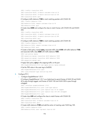 Page 407 196 
[PE1] traffic classifier A100 
[PE1-classifier-A100] if-match customer-vlan-id 10 
[PE1-classifier-A100] if-match service-vlan-id 100 
[PE1-classifier-A100] quit 
# Configure traffic behavior  T100 to mark matching pac kets with CVLAN 30. 
[PE1] traffic behavior T100 
[PE1-behavior-T100] remark customer-vlan-id 30 
[PE1-behavior-T100] quit 
# Create class A200 and configure the class to match frames with CVLAN 20 and SVLAN 
200. 
[PE1] traffic classifier A200 
[PE1-classifier-A200] if-match...