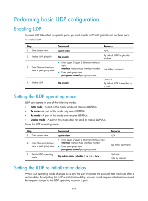 Page 438 227 
Performing basic LLDP configuration 
Enabling LLDP 
To make LLDP take effect on specific ports, you must enable LLDP both globally and on these ports.  
To enable LLDP: 
 
Step Command Remarks 
1.  Enter system view. 
system-view  N/A 
2.  Enable LLDP globally. 
lldp enable  By default, LLDP is globally 
enabled. 
3.
  Enter Ethernet interface 
view or port group view. 
• Enter Layer 2/Layer 3 Ethernet interface 
view: 
interface interface-type interface-number
 
• Enter port group view:...