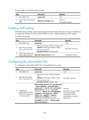 Page 439 228 
To set the LLDP re-initialization delay for ports:  
Step Command Remarks 
1.  Enter system view. 
system-view  N/A 
2.  Set the LLDP re-initialization 
delay.  lldp timer reinit-delay
 delay   Optional. 
2 seconds by default. 
 
Enabling LLDP polling 
With LLDP polling enabled, a device periodically sear
ches for local configuration changes. On detecting 
a configuration change, the device sends LLDPDUs to inform neighboring devices of the change. 
To enable LLDP polling: 
 
Step Command Remarks...