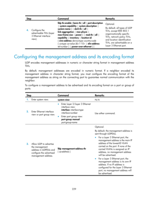 Page 440 229 
Step Command Remarks 
4.  Configure the 
advertisable TLVs (Layer 
3 Ethernet interface 
view) .  lldp 
tlv-enable  { basic-tlv  { all  | port-description  
|  system-capability  | system-description  | 
system-name  } | dot3-tlv { all | 
link-aggregation |  mac-physic | 
max-frame-size  | power  } | med-tlv  { all  | 
capability  | inventory  | location-id 
{  civic-address  device-type country-code  
{  ca-type ca-value  }& | elin-address 
tel-number  } | power-over-ethernet  } }   Optional. 
By...