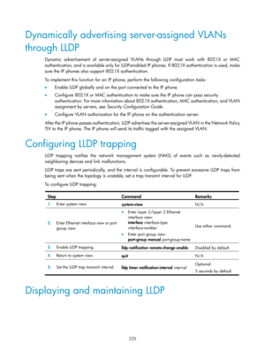 Page 446 235 
Dynamically advertising server-assigned VLANs 
through LLDP 
Dynamic advertisement of server-assigned VLANs through LLDP must work with 802.1X or MAC 
authentication, and is available only for LLDP-enabled IP phones. If 802.1X authentication is used, make 
sure the IP phones also support 802.1X authentication.  
To implement this function for an IP phone, perform the following configuration tasks: 
•  Enable LLDP globally and on the port connected to the IP phone.  
•   Configure 802.1X or MAC...