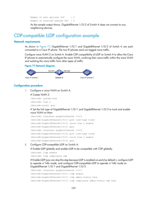Page 450 239 
Number of sent optional TLV     : 0 
Number of received unknown TLV  : 0 
As the sample output shows, GigabitEthernet 1/0/2 of Switch A does not connect to any 
neighboring devices.  
CDP-compatible LLDP configuration example 
Network requirements 
As shown in Figure 77 , GigabitEthernet 1/0/1 and GigabitEthernet 1/0/2 of Switch A are each 
connected to a Cisco IP phone. The two IP phones send out tagged voice traffic.  
Configure voice VLAN 2 on Switch A. Enable CDP compatibility of LLDP on Switch...
