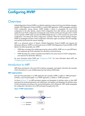 Page 456 245 
Configuring MVRP 
Overview 
Multiple Registration Protocol (MRP) is an attribute registration protocol and transmits attribute messages. 
Multiple VLAN Registration Protocol (MVRP) is a ty pical MRP application. MVRP propagates and learns 
VLAN configuration among devices. MVRP enab les a device to propagates the local VLAN 
configuration to the other devices, receive VLAN  configuration from other devices, and dynamically 
update the local VLAN configuration (including the active VLANs and the...