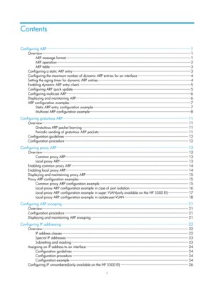 Page 475i 
Contents 
Configuring ARP ··················\
··················\
··················\
··················\
··················\
··················\
··················\
···················\
··········  1 
Overview ··················\
··················\
··················\
··················\
··················\
··················\
··················\
···················\
··················\
·········  1 
ARP message format ··················\
··················\
··················\
··················\...