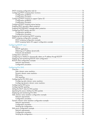 Page 478iv 
DHCP snooping configuration task list ··················\
··················\
··················\
··················\
················· ··················\
············· 74 
Configuring DHCP snooping basic functions  ··················\
··················\
··················\
··················\
··················\
··················\
··  75 
Configuration guidelines ··················\
··················\
··················\
··················\
··················\
············ ··················\...