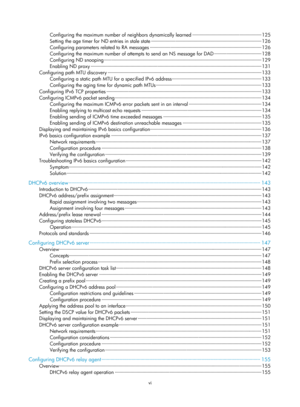Page 480vi 
Configuring the maximum number of neighbors dynamically learned ··················\
··················\
··················\
···  125 
Setting the age timer for ND entries in stale state ··················\
··················\
··················\
··················\
··· ················ 126 
Configuring parameters re lated to RA messages ··················\
··················\
··················\
··················\
········· ··········· 126 
Configuring the maximum number of attemp ts to send an NS...