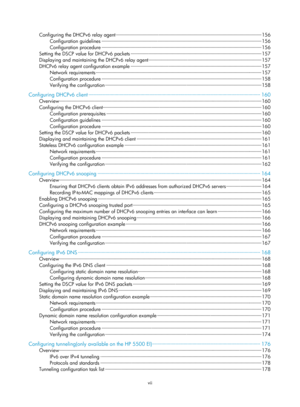 Page 481vii 
Configuring the DHCPv6 relay agent ··················\
··················\
··················\
··················\
··················\
·· ··················\
·········· 156 
Configuration guidelines ··················\
··················\
··················\
··················\
··················\
············ ··················\
············ 156 
Configuration procedure ··················\
··················\
··················\
··················\
··················\
·············...